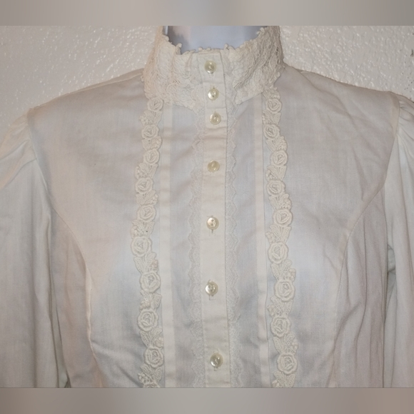 GUNNIES San Francisco Blouse Cream Off White Button Up Lace Ribbon High Collar - Picture 5 of 14